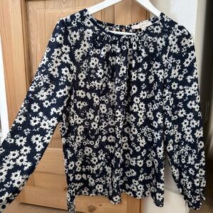 LOFT Navy and White Floral Long-Sleeve Top